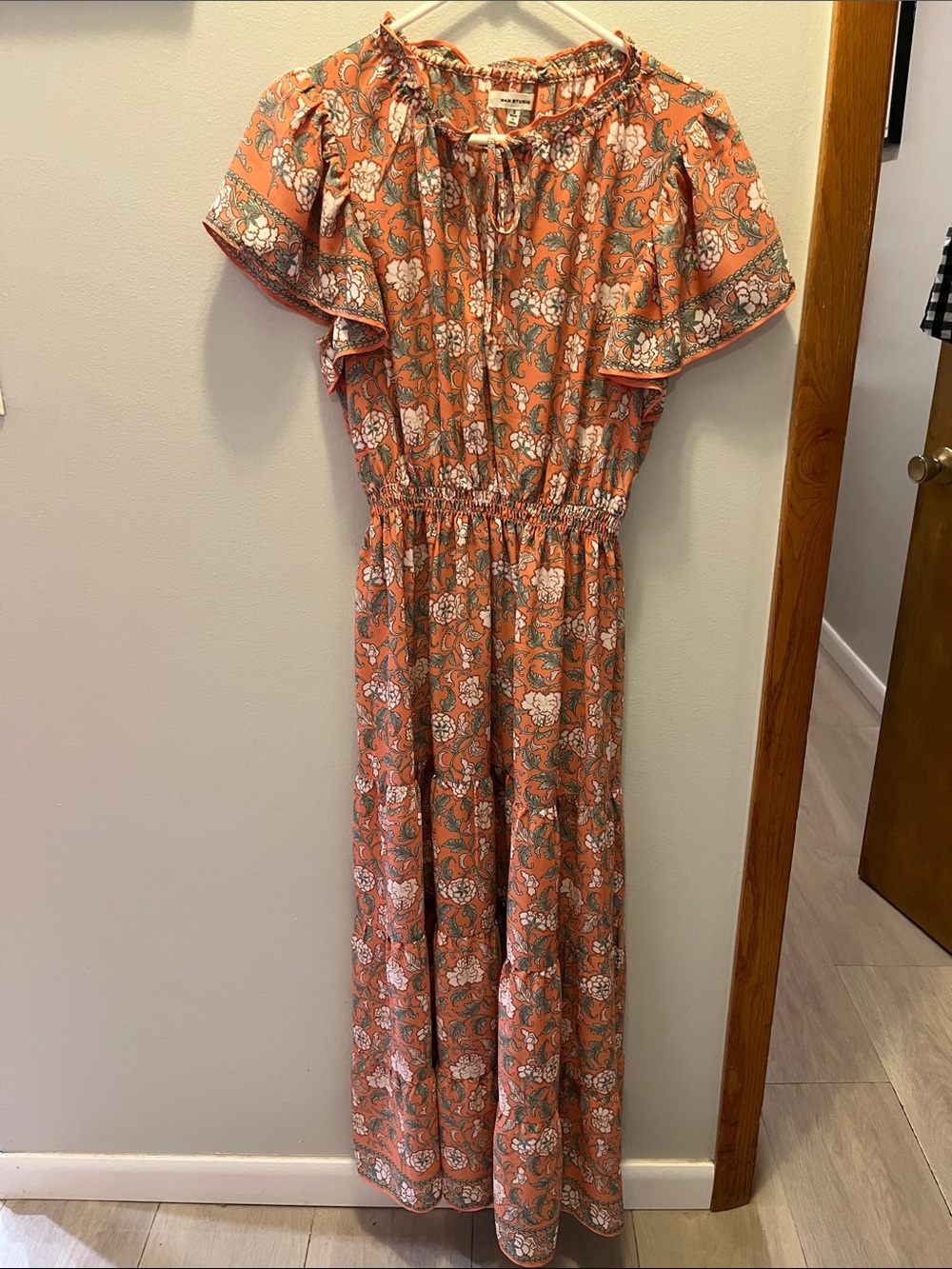 Max Studio Coral Floral Tie-Neck Maxi Dress